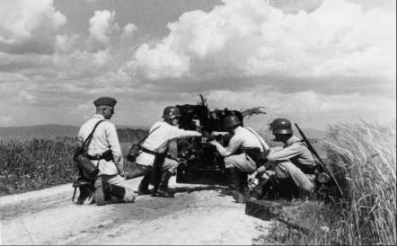 Soldiers aiming a gun